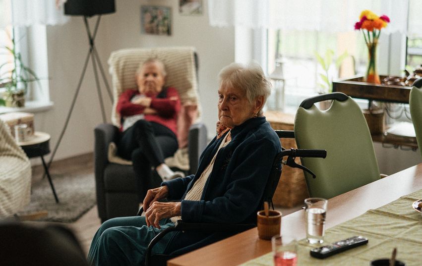 Fotobanka - seniori Seniorka na kolečkovém křesle u kávy ve společenské místnosti domova seniorů